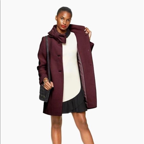 Kate Spade New York High Collar Burgundy Wine Bow Wool Coat!